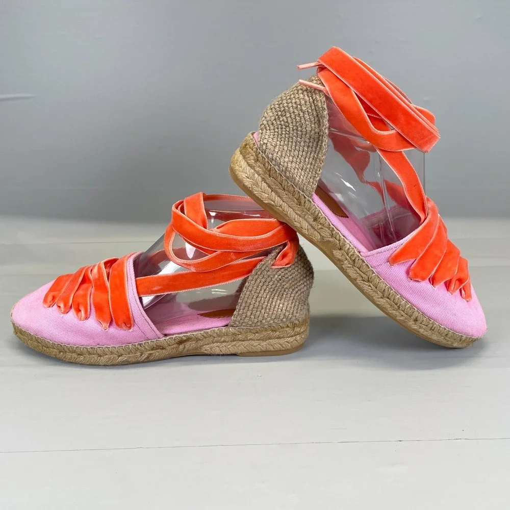 Penelope Chilvers Espadrille Sandals Womens Size 38 US 7 Pink Canvas Ribbon Shoe